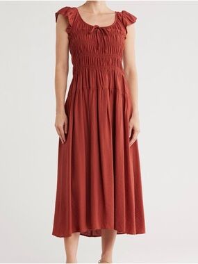 Smocked Tie-Front Midi Dress in Rust Red